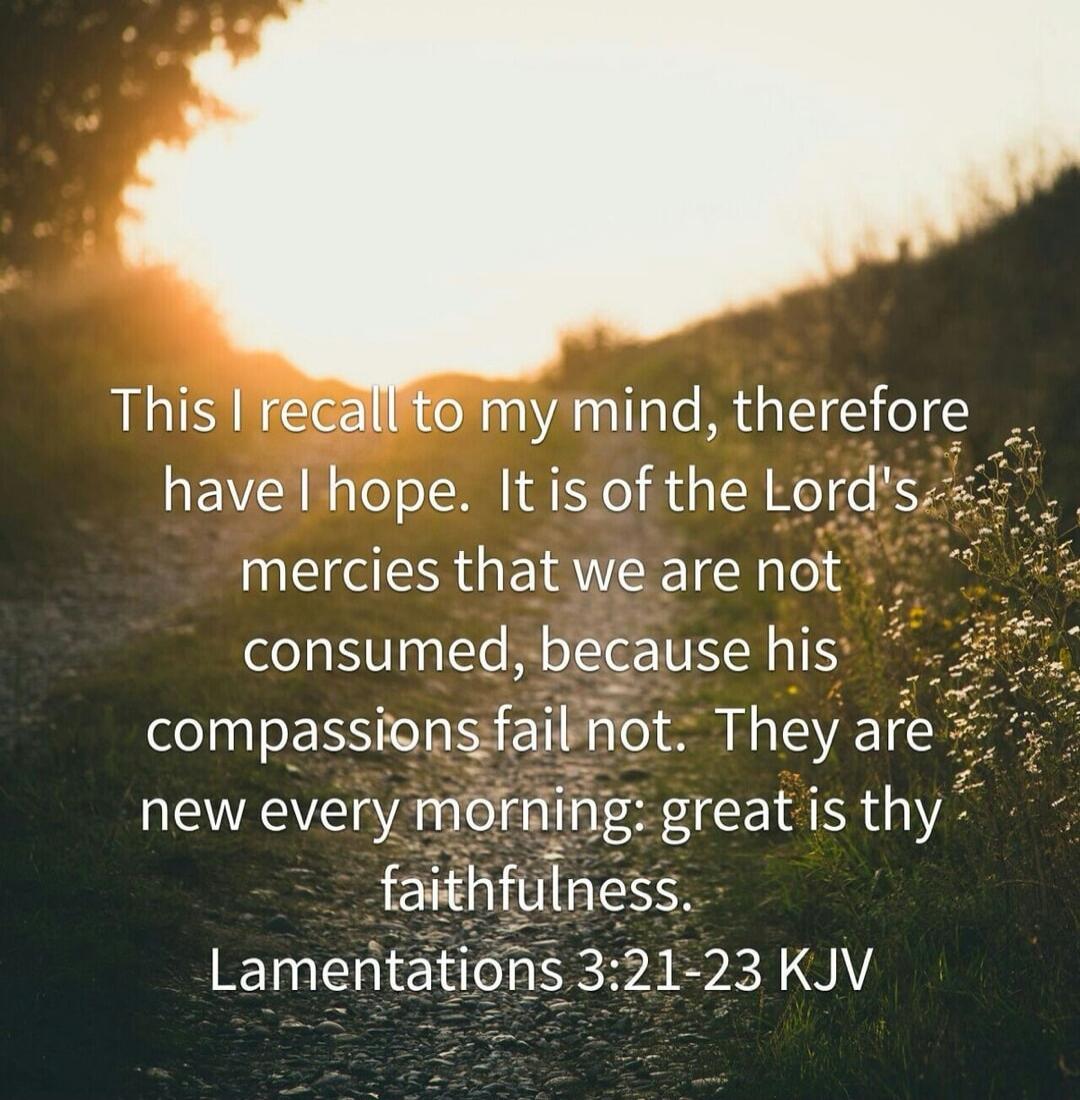 This I recall to my mind, therefore have I hope. It is of the Lord's mercies that we are not consumed, because his compassions fail not. They are new every morning: great is thy faithfulness. Lamentations 3:21-23 KJV