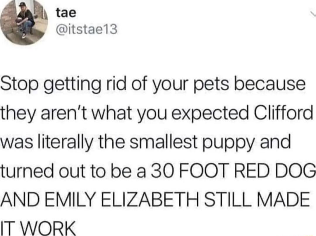 tae itstae3 Stop getting rid of your pets because they arent what you expected Clifford was literally the smallest puppy and turned out to be a 30 FOOT RED DOG AND EMILY ELIZABETH STILL MADE T WORK