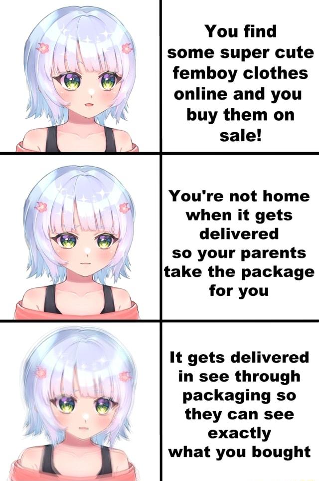 You find some super cute o femboy clothes online and you s buy them on sale Youre not home when it gets delivered so your parents take the package for you 4 It gets delivered in see through packaging so L they can see exactly y what you bought