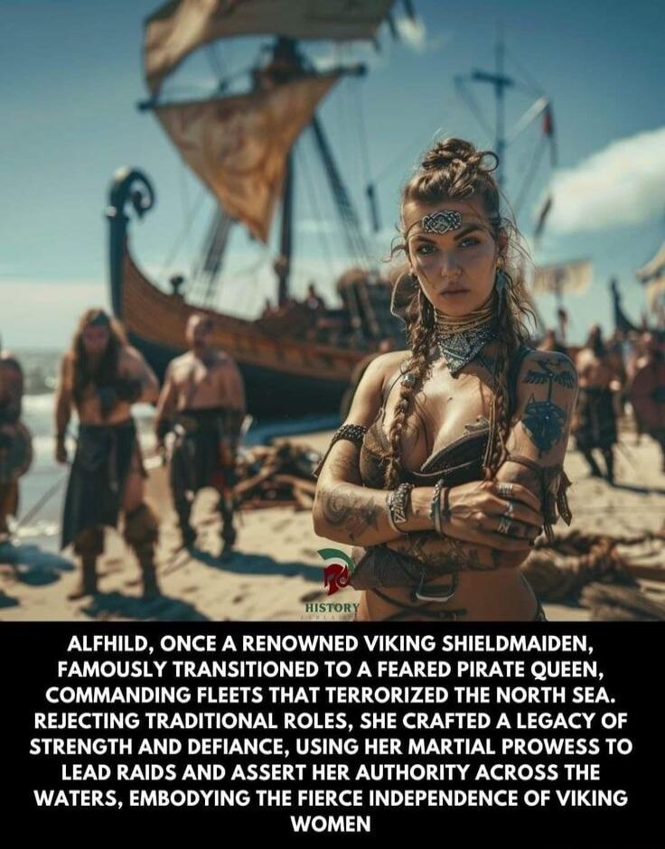 HISTORY. ALFHILD, ONCE A RENOWNED VIKING SHIELDMAIDEN, FAMOUSLY TRANSITIONED TO A FEARED PIRATE QUEEN, COMMANDING FLEETS THAT TERRORIZED THE NORTH SEA. REJECTING TRADITIONAL ROLES, SHE CRAFTED A LEGACY OF STRENGTH AND DEFIANCE, USING HER MARTIAL PROWESS TO LEAD RAIDS AND ASSERT HER AUTHORITY ACROSS THE WATERS, EMBODYING THE FIERCE INDEPENDENCE OF V