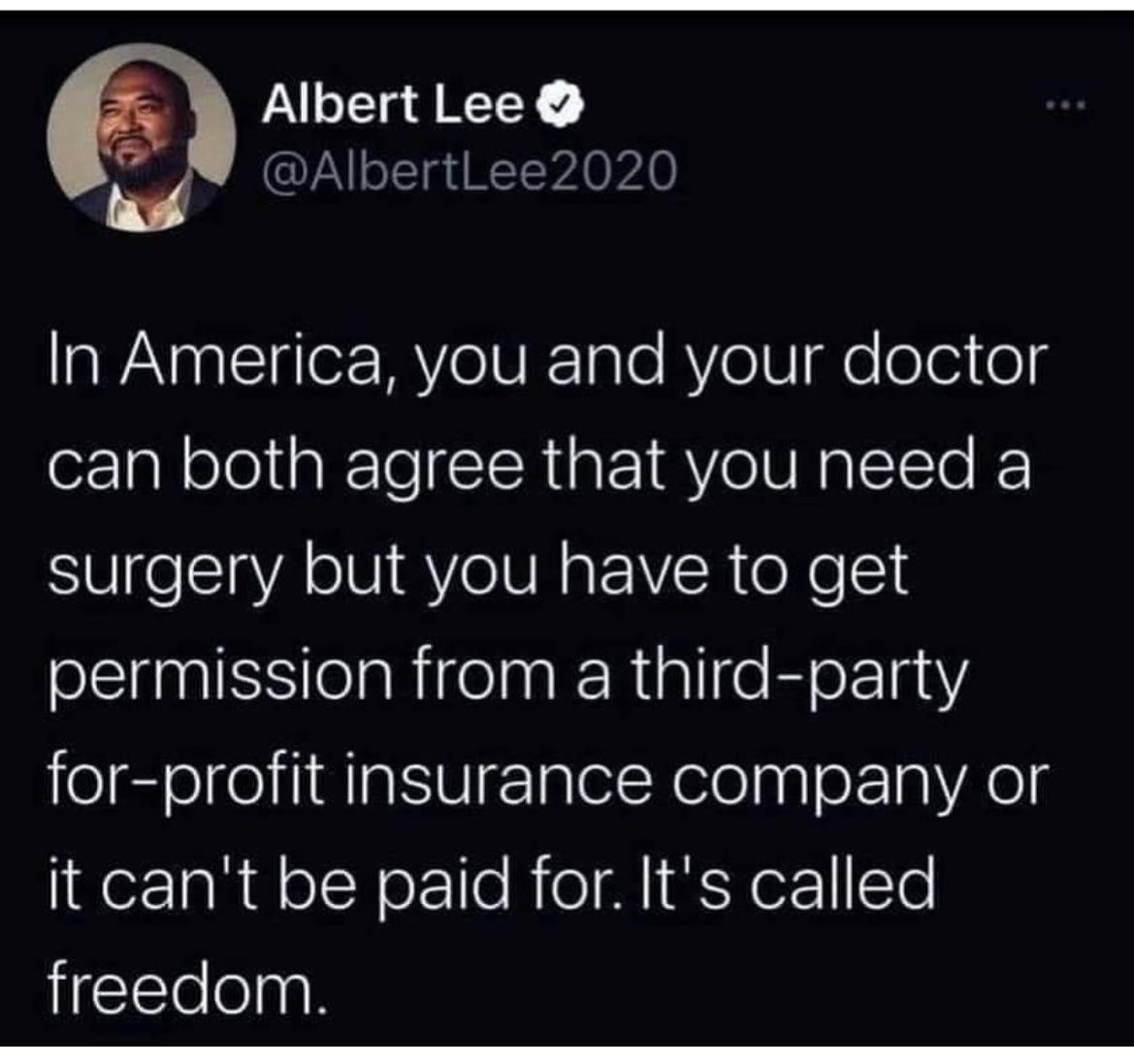 Albert Lee N AlbertLe AWl e IYeIVRTale RV e V glo ole eg can both agree that you need a surgery but you have to get permission from a third party for profit insurance company or it cant be paid for Its called freedom