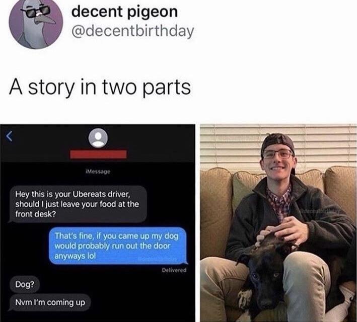 decent pigeon decentbirthday Hoy this s your Ubereats drver shoud just leave your food a the front desk That i i you came Up my dog would probably fun out the door Dog Nvmm coming up