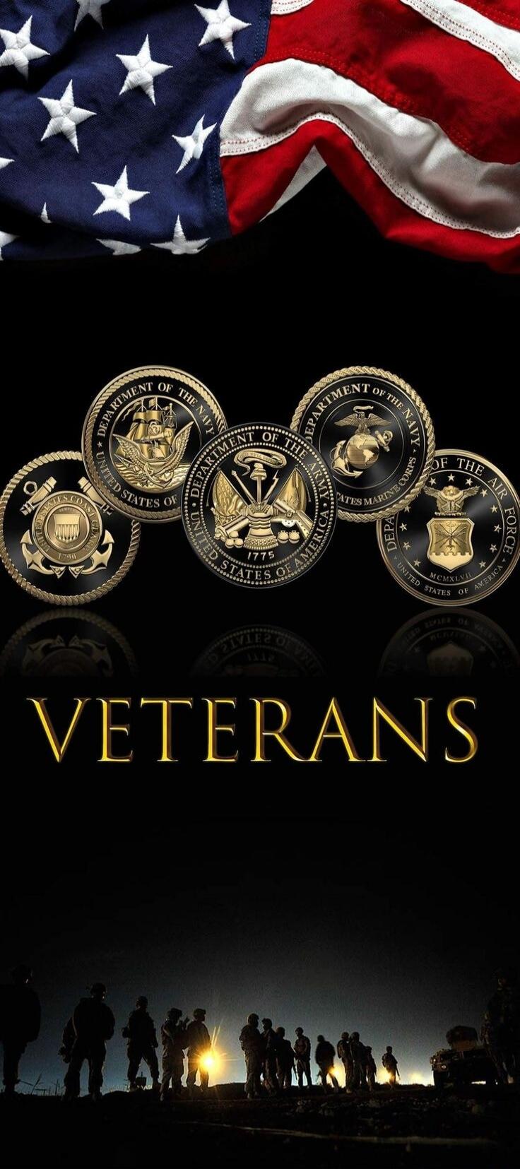 American flag, seals of the Department of the Navy, United States of America, Department of the Army, 1775, Department of the Marine Corps, Department of the Air Force, MCMXLVII, United States Coast Guard, 1790. Text: VETERANS. Silhouettes of soldiers.