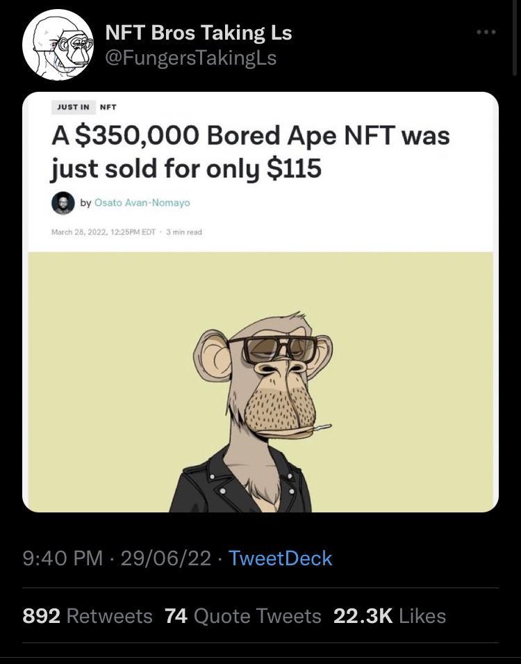 NFT Bros Taking Ls FungersTaking A 350000 Bored Ape NFT was just sold for only 115 40 PM 290622 TweetDeck 3 P RCRVESERy C JO NG CR IR ER 2