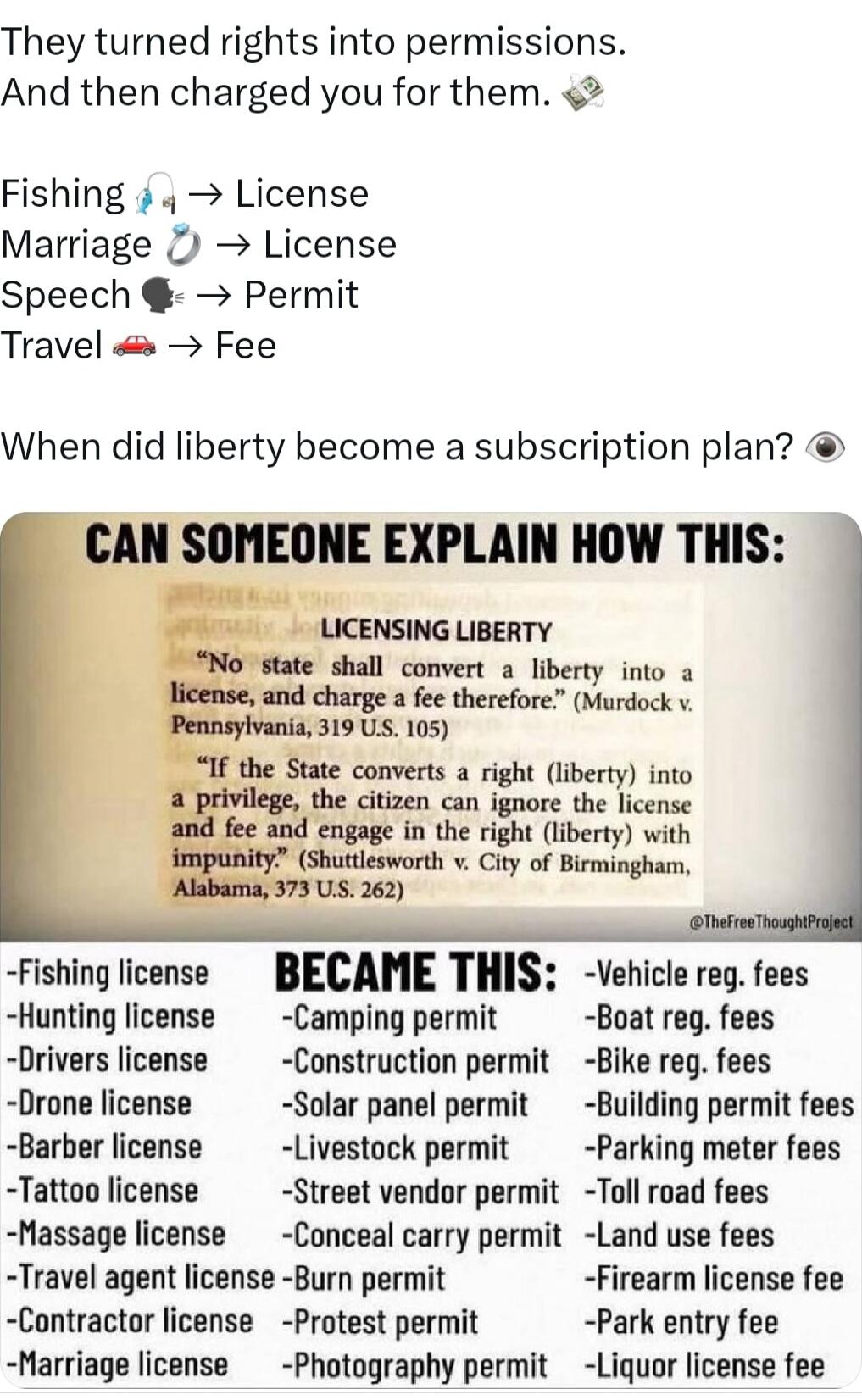 They turned rights into permissions. And then charged you for them. 💵

Fishing license → License
Hunting license → License
Drivers license → License
Drone license → License
Barber license → License
Tattoo license → License
Massage license → License
Travel agent license → License
Contractor license → License
Marriage license → License

When did libe