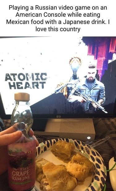 Playing a Russian video game on an American Console while eating Mexican food with a Japanese drink love this country
