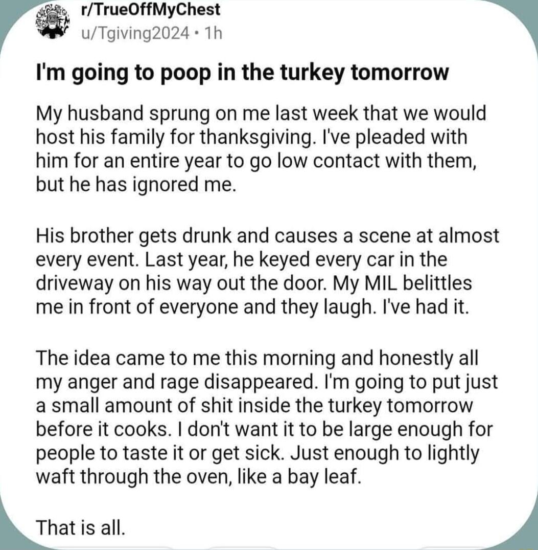 1TrueOffMyChest uTgiving2024 1h Im going to poop in the turkey tomorrow My husband sprung on me last week that we would host his family for thanksgiving Ive pleaded with him for an entire year to go low contact with them but he has ignored me His brother gets drunk and causes a scene at almost every event Last year he keyed every car in the driveway on his way out the door My MIL belittles me in f