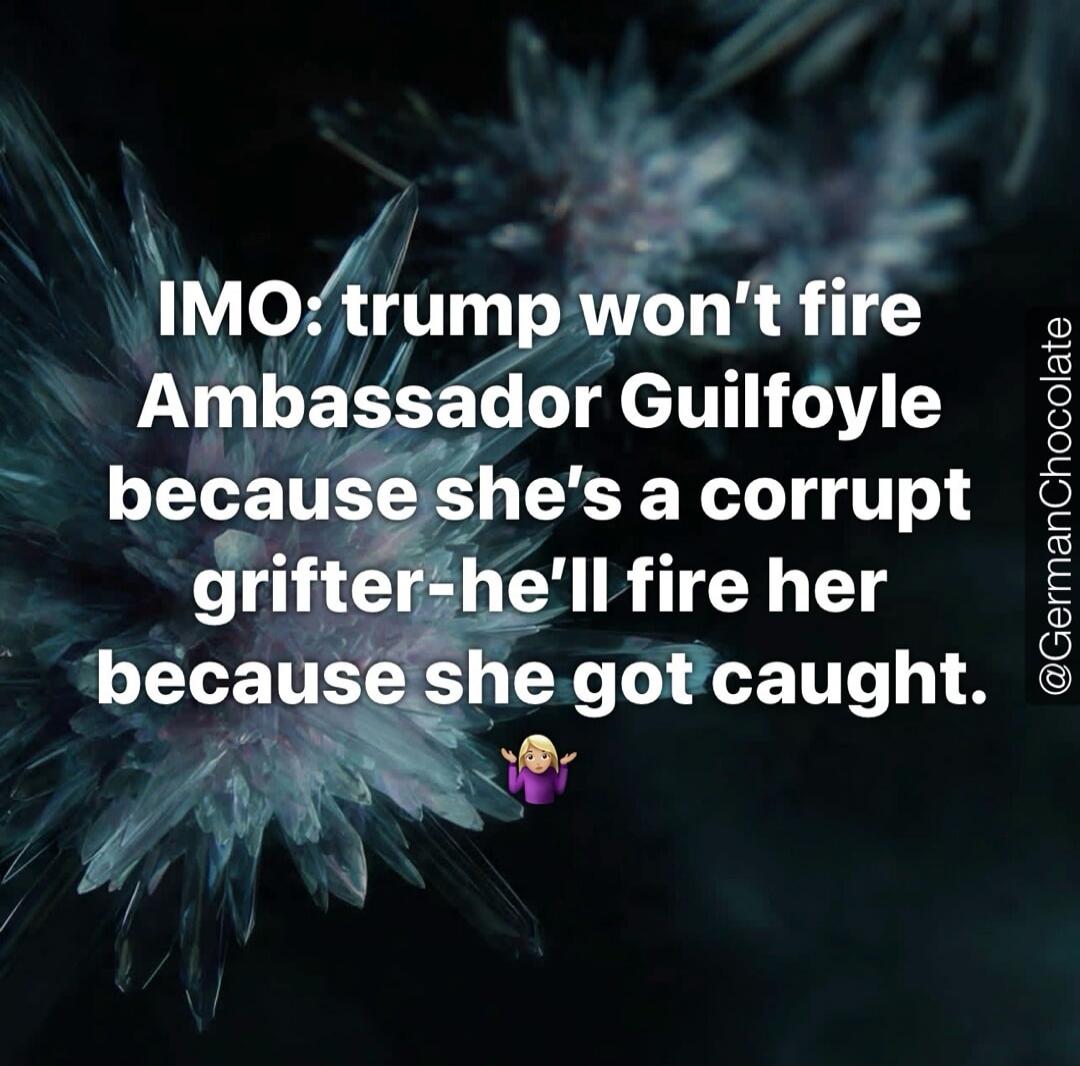 IMO: trump won't fire Ambassador Guilfoyle because she's a corrupt grifter-he'll fire her because she got caught. 🤷‍♀️ @GermanChocolate