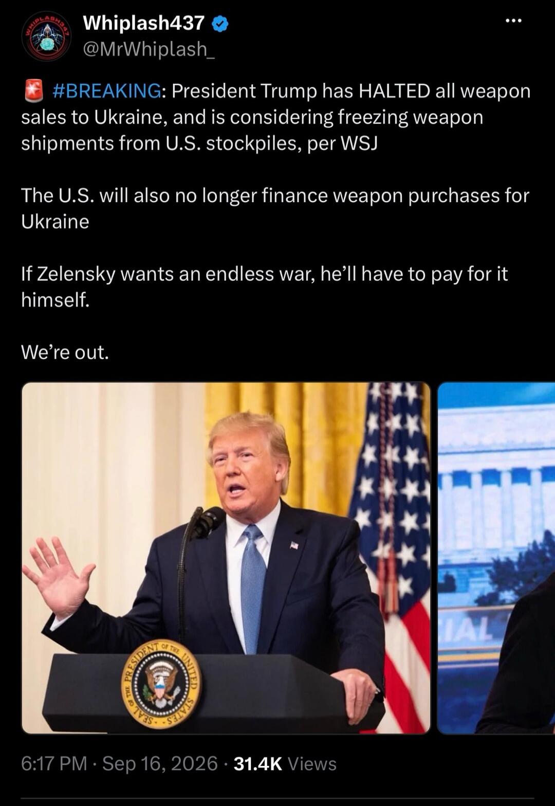 President Trump has HALTED all weapon sales to Ukraine, and is considering freezing weapon shipments from U.S. stockpiles, per WSJ. The U.S. will also no longer finance weapon purchases for Ukraine. If Zelensky wants an endless war, he'll have to pay for it himself. We're out.