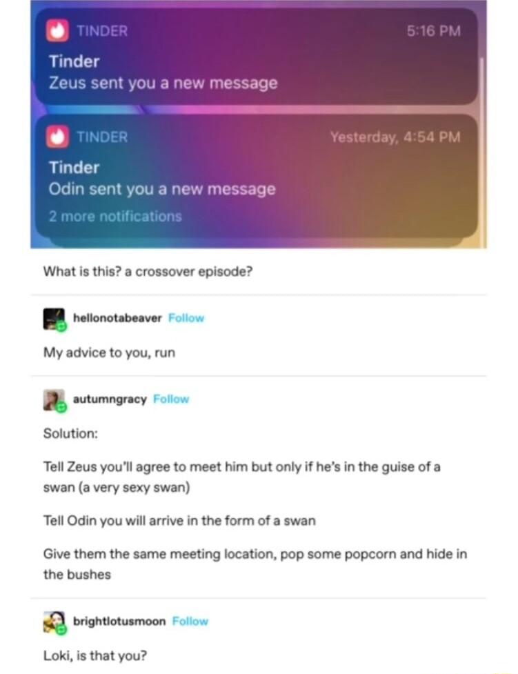 message message What is this a crossover episode umnmu My advice to you run sotumngracy oo Solution Tell Zeus youll agree to meet him but only if hes in the guise of a swan a very sexy swan Tol O you wl rive inth form of swan v them the same mesting ocation pop some popearn and hidein thebushes promotsamoon Loki is that you
