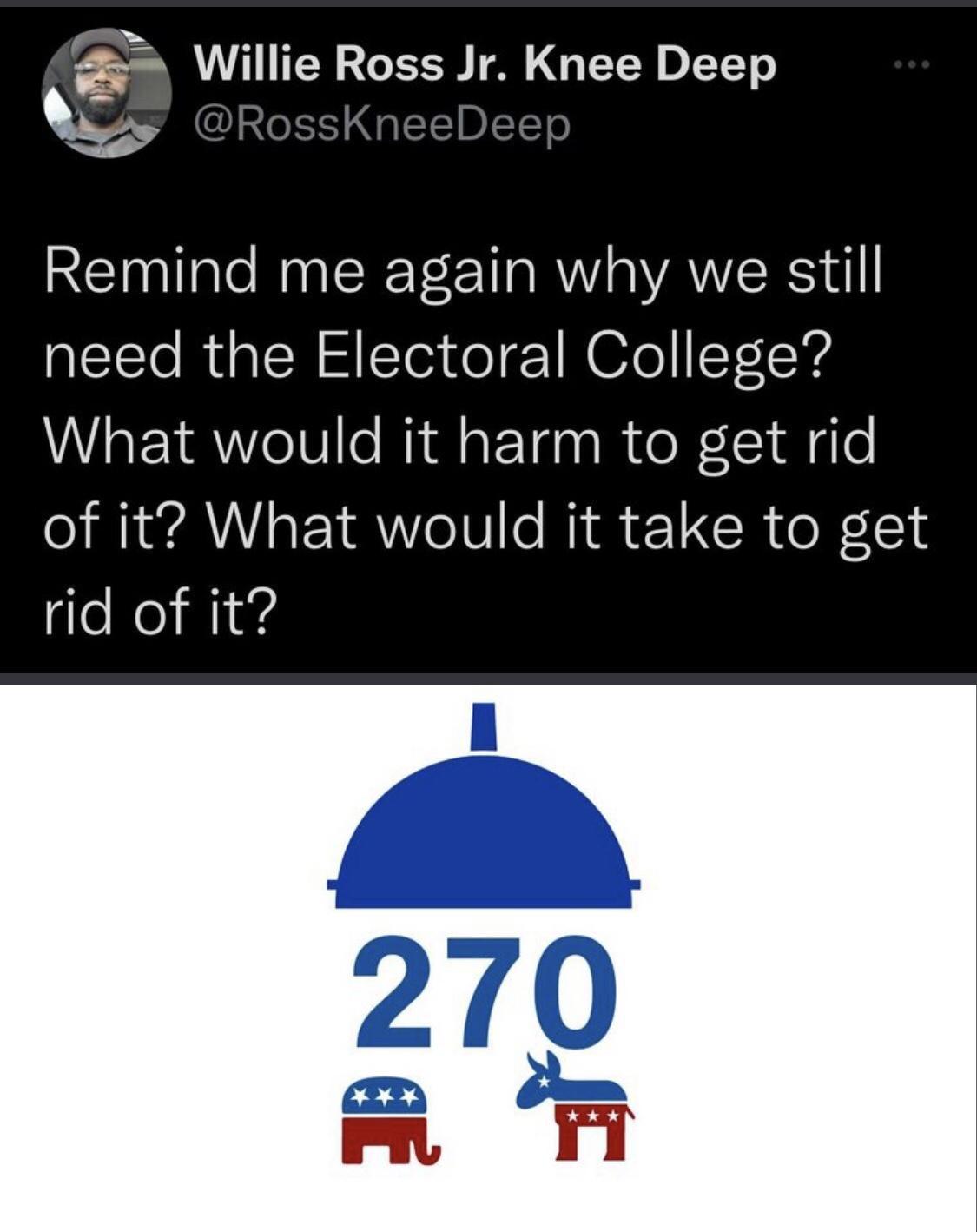 3 Willie Ross Jr Knee Deep Remind me again why we still need the Electoral College What would it harm to get rid of it What would it take to get rid of it