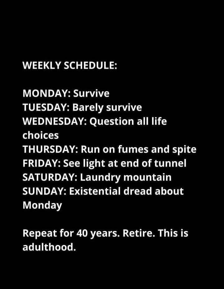WEEKLY SCHEDULE: MONDAY: Survive TUESDAY: Barely survive WEDNESDAY: Question all life choices THURSDAY: Run on fumes and spite FRIDAY: See light at end of tunnel SATURDAY: Laundry mountain SUNDAY: Existential dread about Monday Repeat for 40 years. Retire. This is adulthood.
