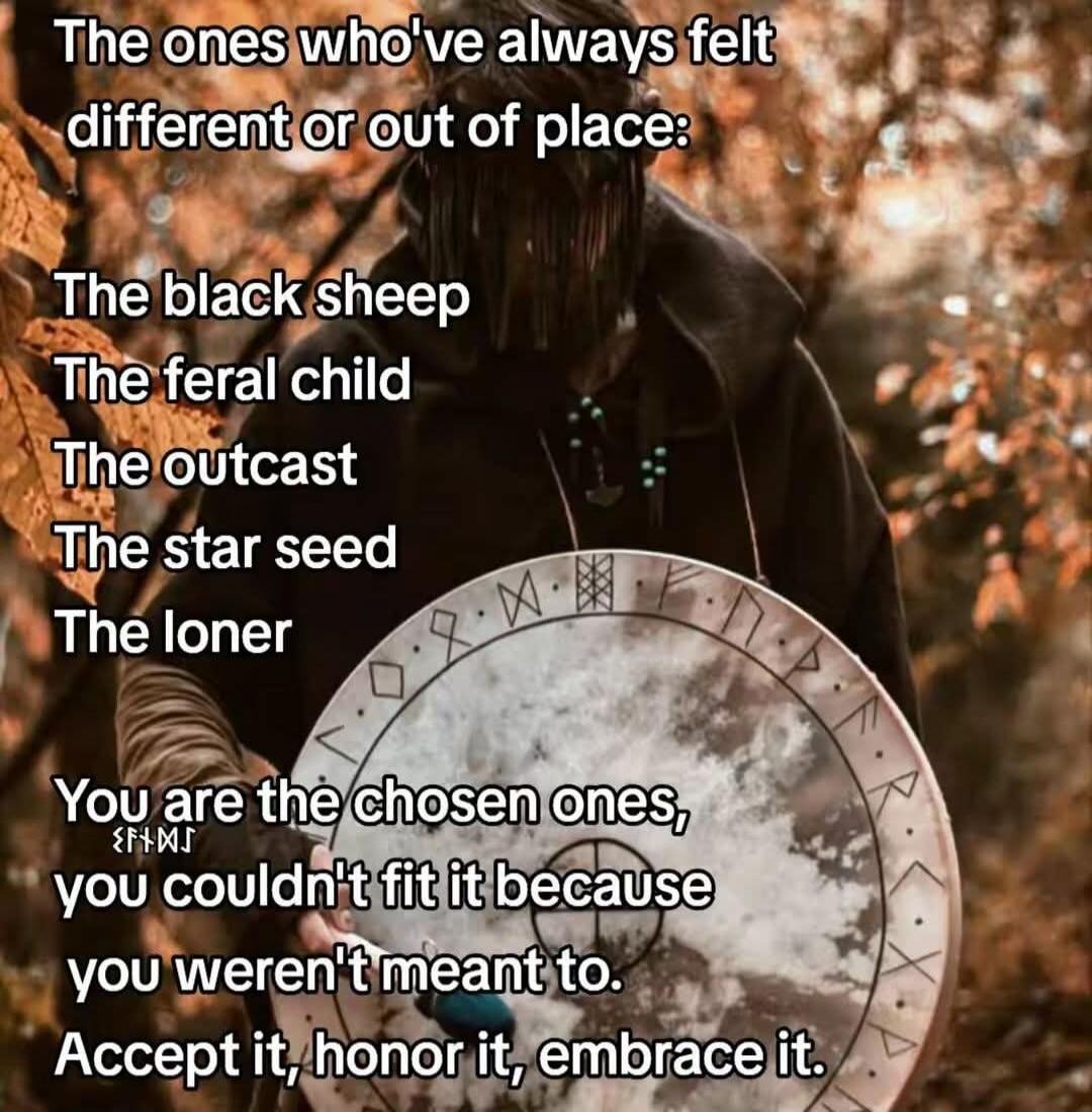 The ones who've always felt different or out of place: The black sheep, The feral child, The outcast, The star seed, The loner. You are the chosen ones, you couldn't fit it because you weren't meant to. Accept it, honor it, embrace it.