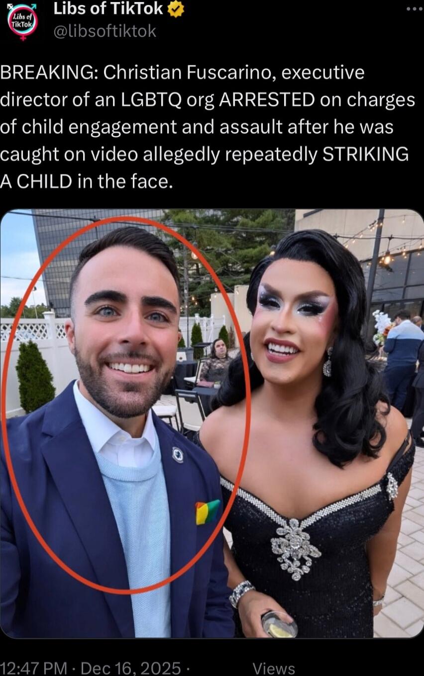 BREAKING: Christian Fuscarino, executive director of an LGBTQ org ARRESTED on charges of child engagement and assault after he was caught on video allegedly repeatedly STRIKING A CHILD in the face.