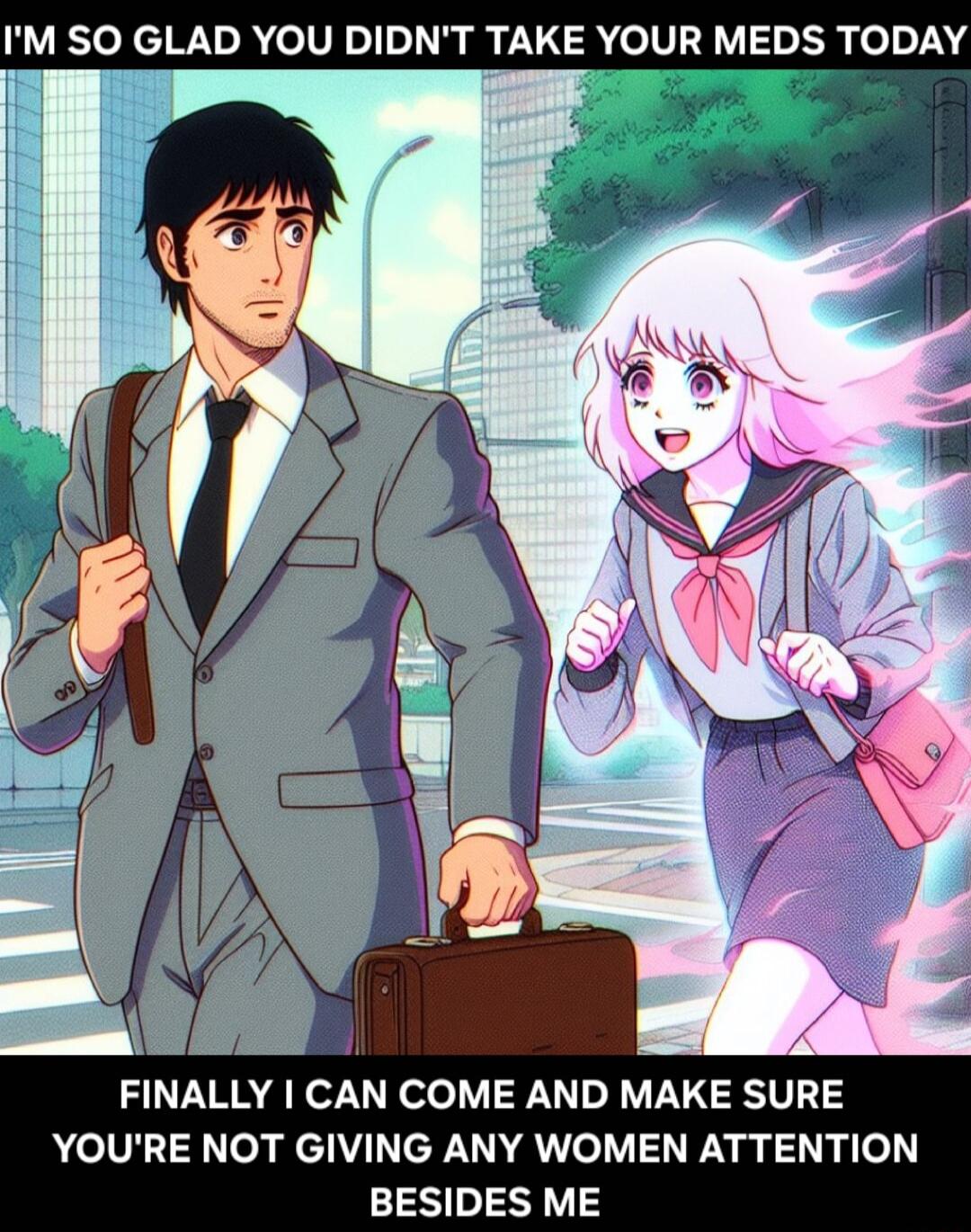 IM SO GLAD YOU DIDNT TAKE YOUR MEDS TODAY FINALLY CAN COME AND MAKE SURE YOURE NOT GIVING ANY WOMEN ATTENTION BESIDES ME