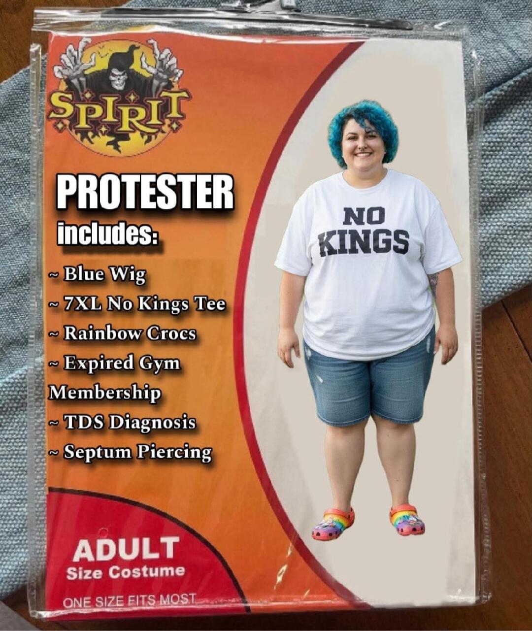SPIRIT (logo) PROTESTER includes: ~ Blue Wig ~ 7XL No Kings Tee ~ Rainbow Crocs ~ Expired Gym Membership ~ TDS Diagnosis ~ Septum Piercing ADULT Size Costume ONE SIZE FITS MOST
