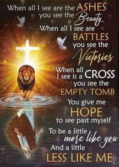 When all I see are the ASHES you see the Beauty When all I see are BATTLES you see the Victories When all I see is a CROSS you see the EMPTY TOMB You give me HOPE to see past myself To be a little more like you And a little LESS LIKE ME