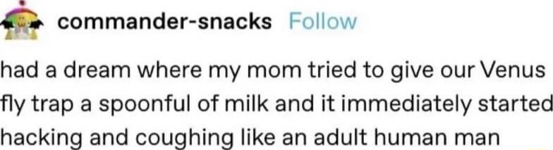 commander snacks ollow had a dream where my mom tried to give our Venus fly trap a spoonful of milk and it immediately started hacking and coughing like an adult human man