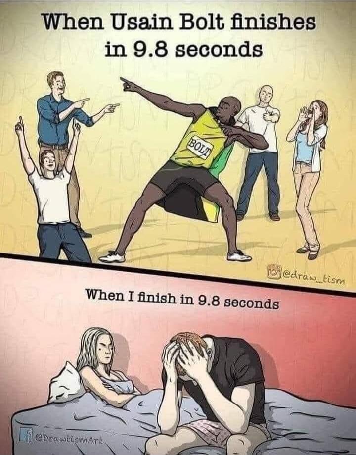 When Usain Bolt finishes in 9.8 seconds\n\nWhen I finish in 9.8 seconds