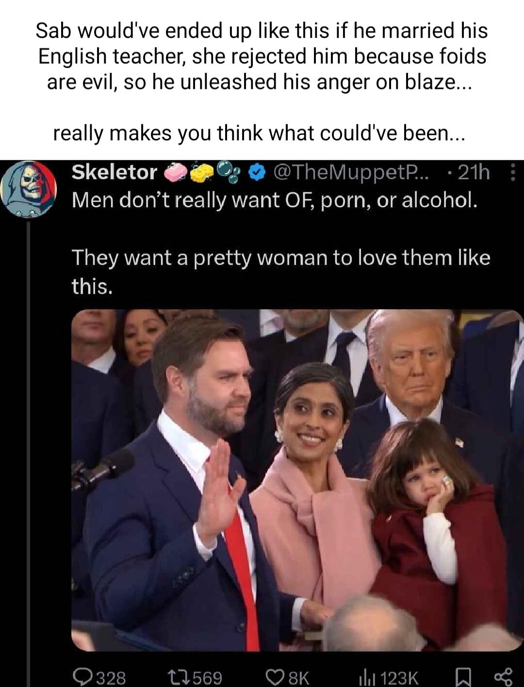 Sab wouldve ended up like this if he married his English teacher she rejected him because foids are evil so he unleashed his anger on blaze really makes you think what couldve been TEEEX T Men dont really want OF por or alcohol They want a pretty woman to love them like this