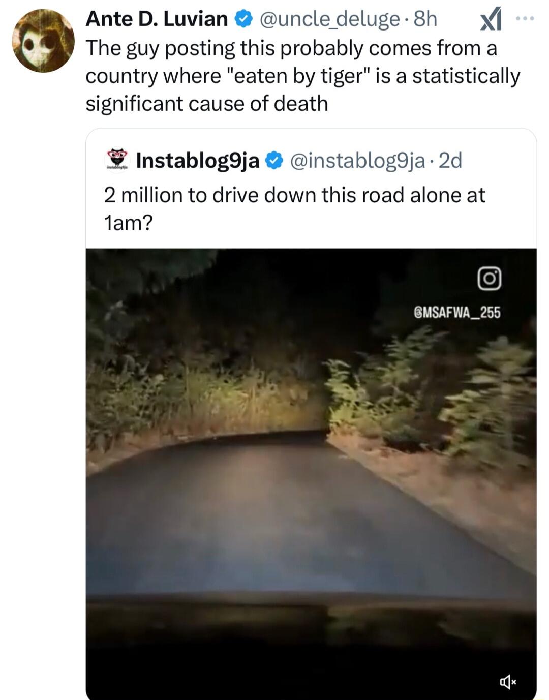 The guy posting this probably comes from a country where eaten by tiger is a statistically significant cause of death Instablog9ja instablo 2 million to drive down this road alone at 1am c GUSAFWA_255