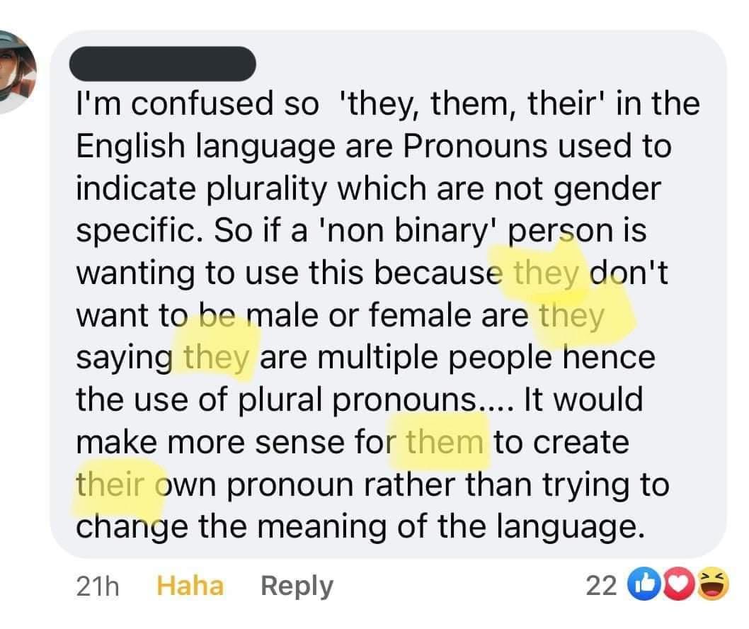 G b Im confused so they them their in the English language are Pronouns used to indicate plurality which are not gender specific So if a non binary person is wanting to use this becaus nt want to ale or female are saying gre multiple people hence the use of plural pronouns It would make more sense for to create t wn pronoun rather than trying to ce the meaning of the language 21h Haha Reply 22 OO