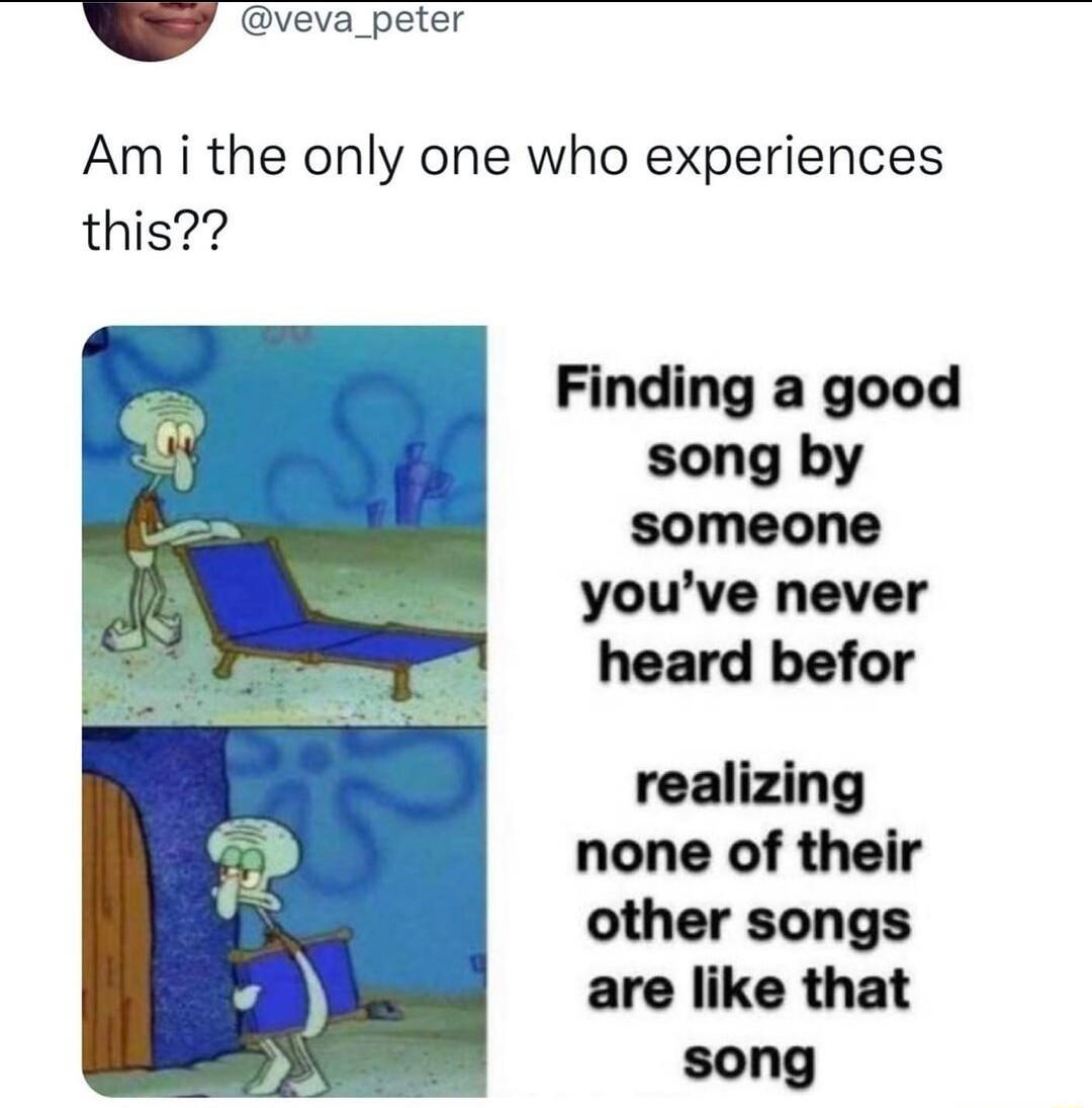 G vevapeter Am i the only one who experiences this Finding a good song by someone youve never heard befor realizing none of their other songs are like that song