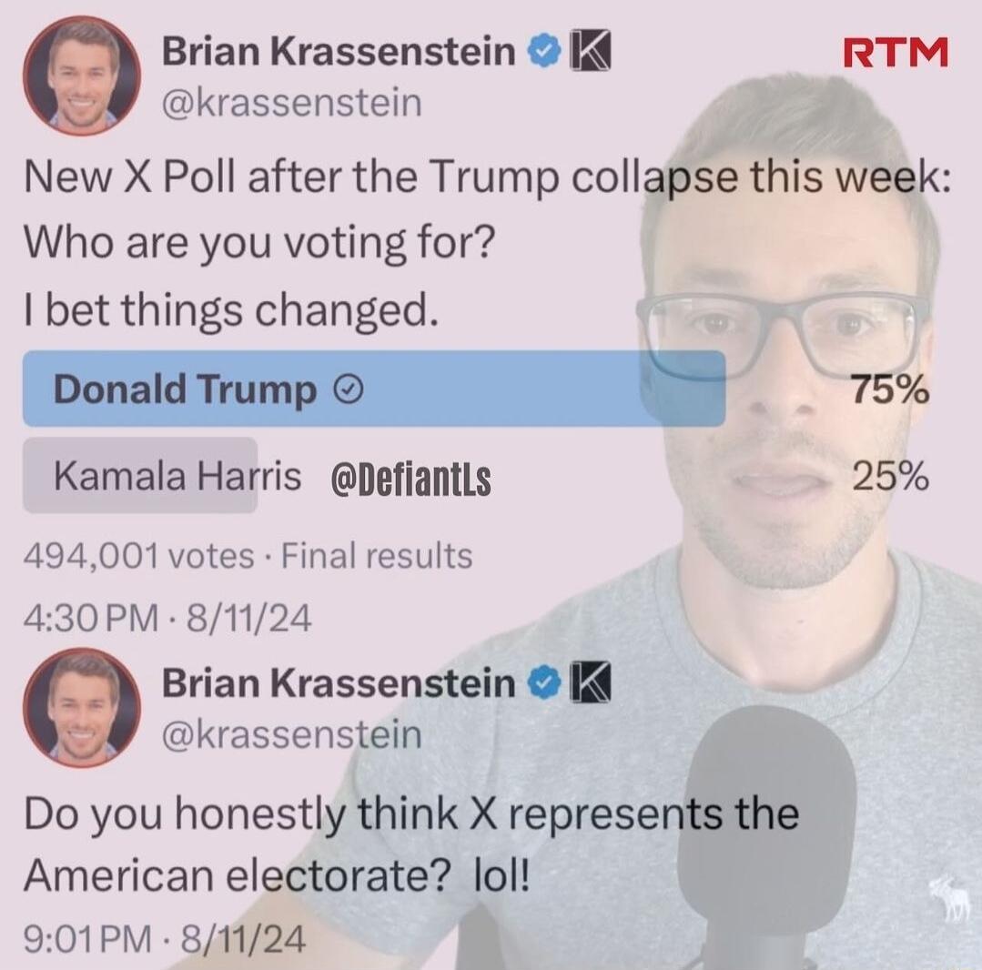 Brian Krassenstein RTM krassenstein a New X Poll after the Trump ccllgose this week Who are you voting for bet things changed 2 Coomstumpo N Kamala Harris Defiantls 25 494001 votes Final results 430PM 81124 Brian Krassenstein krassenstein Do you honestlythink represe American electorate lol 901PM 81124