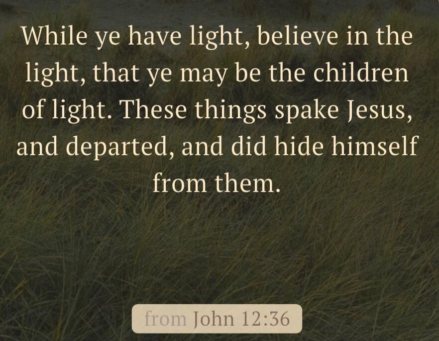 While ye have light, believe in the light, that ye may be the children of light. These things spake Jesus, and departed, and did hide himself from them. from John 12:36