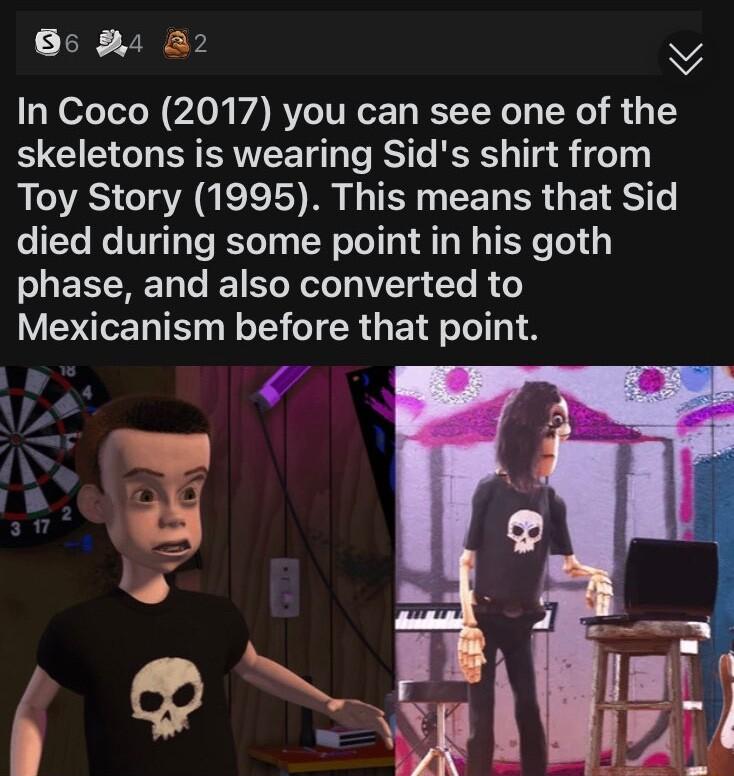 86 4 2 v In Coco 2017 you can see one of the skeletons is wearing Sids shirt from Toy Story 1995 This means that Sid died during some point in his goth SEETNET e R ote o V7Tg Yo R U Mexicanism before that point