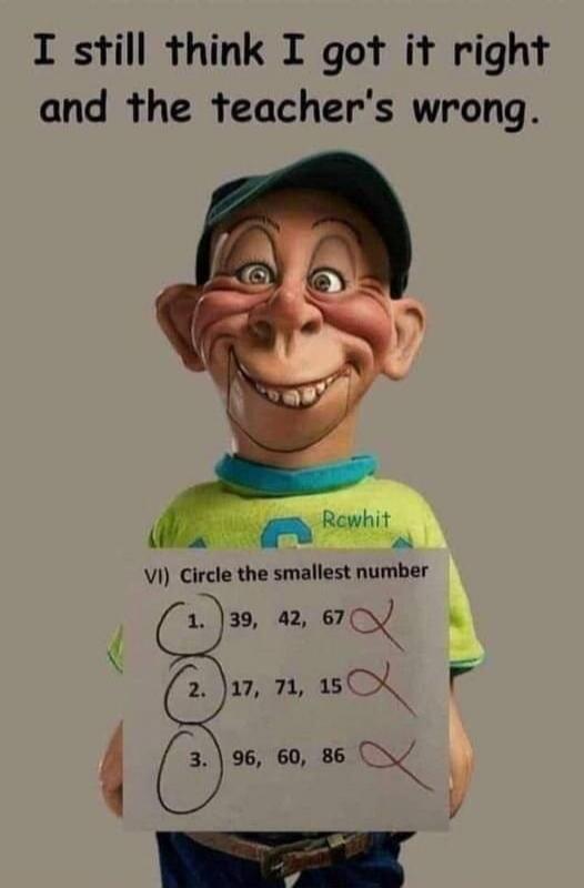I still think I got it right and the teacher's wrong. VI) Circle the smallest number. 1. 39, 42, 67 (circled 1). 2. 17, 71, 15 (circled 2). 3. 96, 60, 86 (circled 3). All answers are marked incorrect by the teacher.