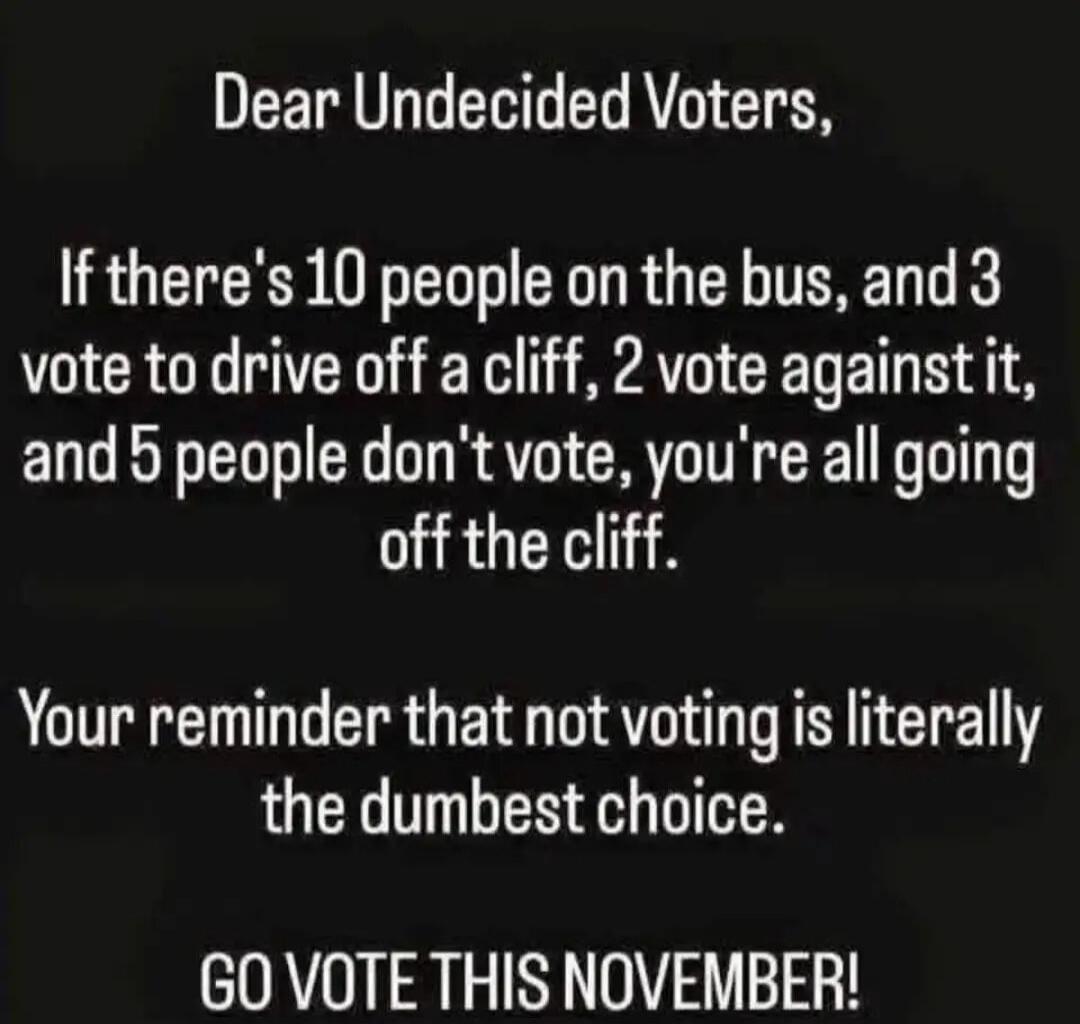 Dear Undecided Voters, If there's 10 people on the bus, and 3 vote to drive off a cliff, 2 vote against it, and 5 people don't vote, you're all going off the cliff. Your reminder that not voting is literally the dumbest choice. GO VOTE THIS NOVEMBER!