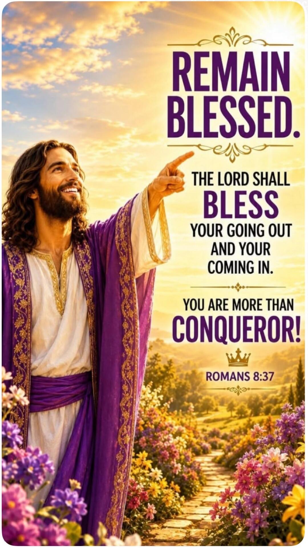 REMAIN BLESSED. THE LORD SHALL BLESS YOUR GOING OUT AND YOUR COMING IN. YOU ARE MORE THAN CONQUEROR! ROMANS 8:37