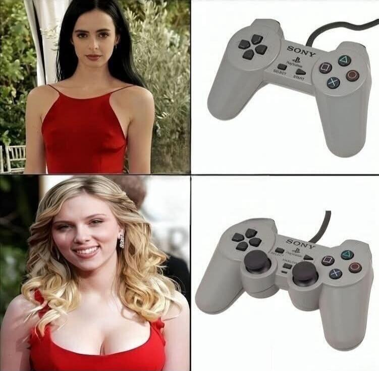 A two-panel meme: top row shows a woman in a red dress paired with a basic PS1 controller; bottom row shows a woman with a more revealing red dress paired with a larger Sony controller (PS2/PS3).