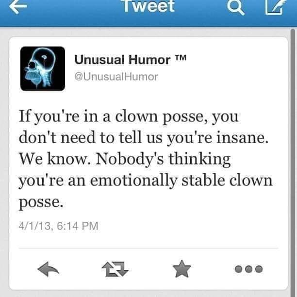 Unusual Humor UnusualHumor If youre in a clown posse you dont need to tell us youre insane We know Nobodys thinking youre an emotionally stable clown posse 4113 614 PM w oo
