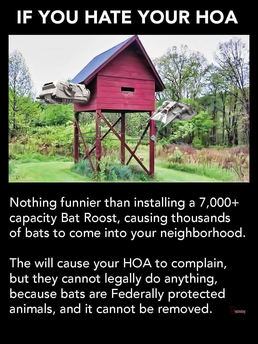 128 e 1VR VNN oV 0 Nothing funnier than installing a 7000 capacity Bat Roost causing thousands of bats to come into your neighborhood The will cause your HOA to complain but they cannot legally do anything because bats are Federally protected animals and it cannot be removed