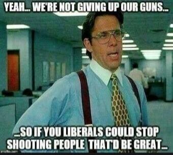 YEAH... WE'RE NOT GIVING UP OUR GUNS. SO IF YOU LIBERALS COULD STOP SHOOTING PEOPLE THAT'D BE GREAT.