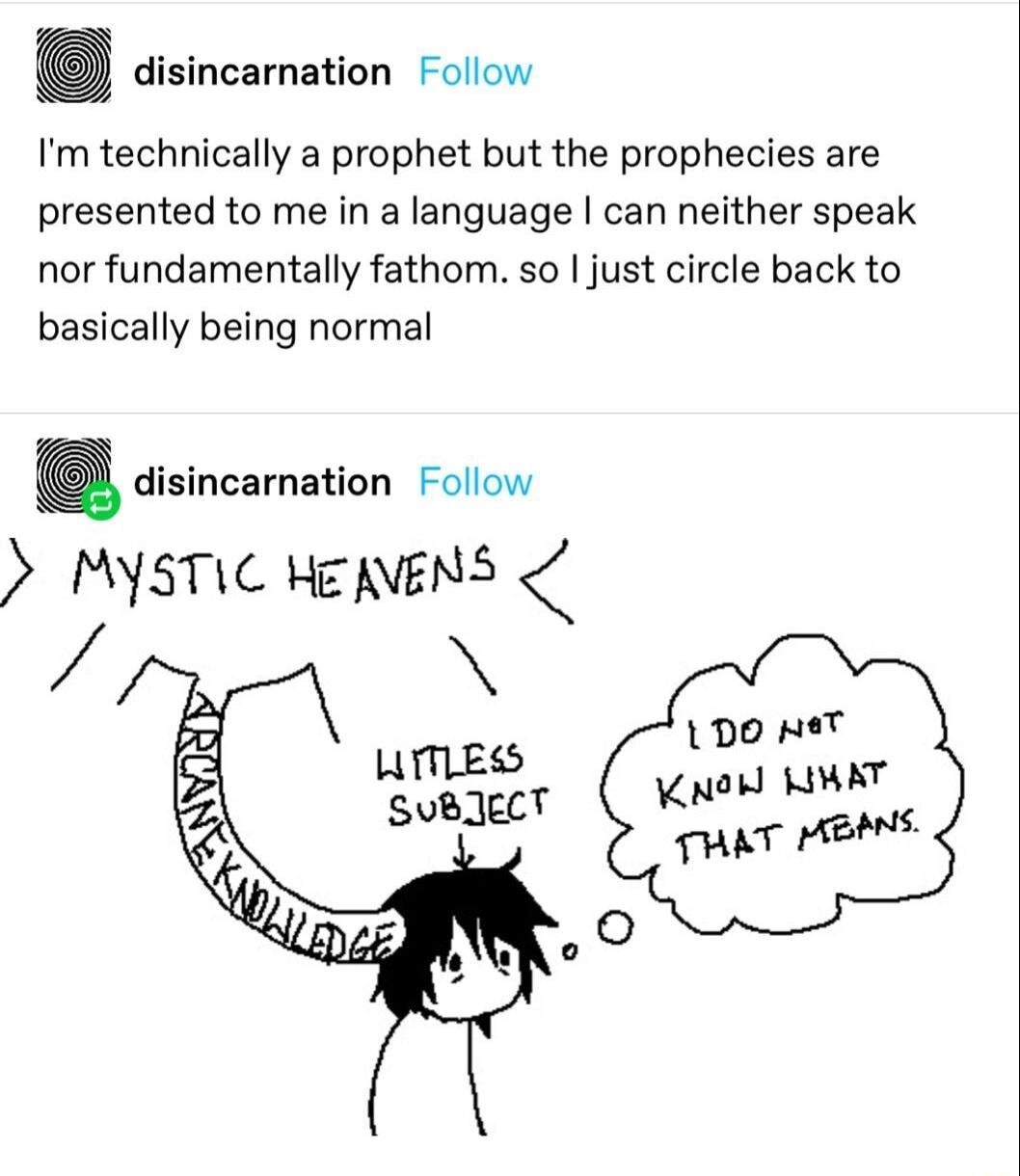 disincarnation Follow Im technically a prophet but the prophecies are presented to me in a language can neither speak nor fundamentally fathom so just circle back to basically being normal a disincarnation Follow MYSTIC HE NVENS N