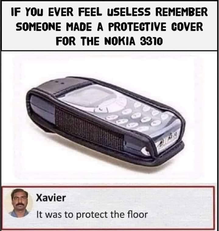 IF YOu EVER FEEL USELESS REMEMBER SOMEONE MADE A PROTECTIVE COVER FOR THE NOKIA 3310 Xavier It was to protect the floor