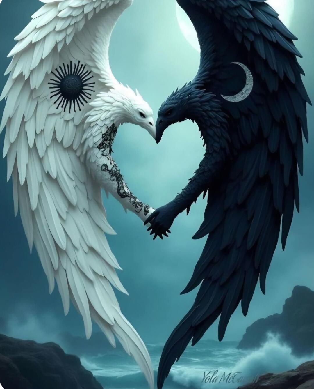 The image depicts two angelic figures, one white and one black, forming a heart shape with their wings and holding hands. The white angel has a sun symbol on its wing and intricate tattoos on its arm. The black angel has a crescent moon symbol on its wing. The background is a dark, cloudy sky with a full moon, and a stormy sea below with rocky shor