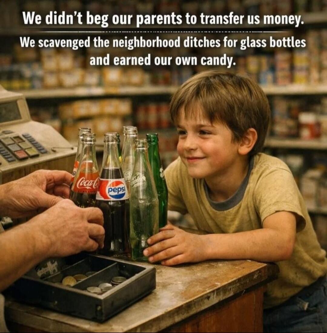 We didn't beg our parents to transfer us money. We scavenged the neighborhood ditches for glass bottles and earned our own candy.