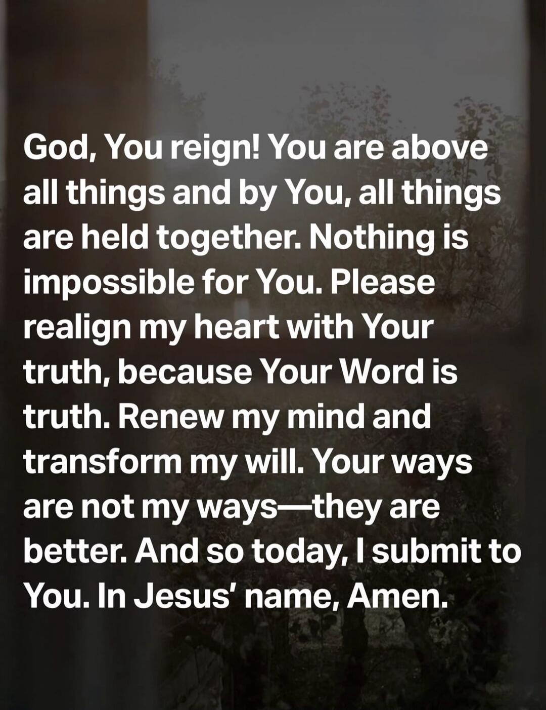 God, You reign! You are above all things and by You, all things are held together. Nothing is impossible for You. Please realign my heart with Your truth, because Your Word is truth. Renew my mind and transform my will. Your ways are not my ways—they are better. And so today, I submit to You. In Jesus' name, Amen.