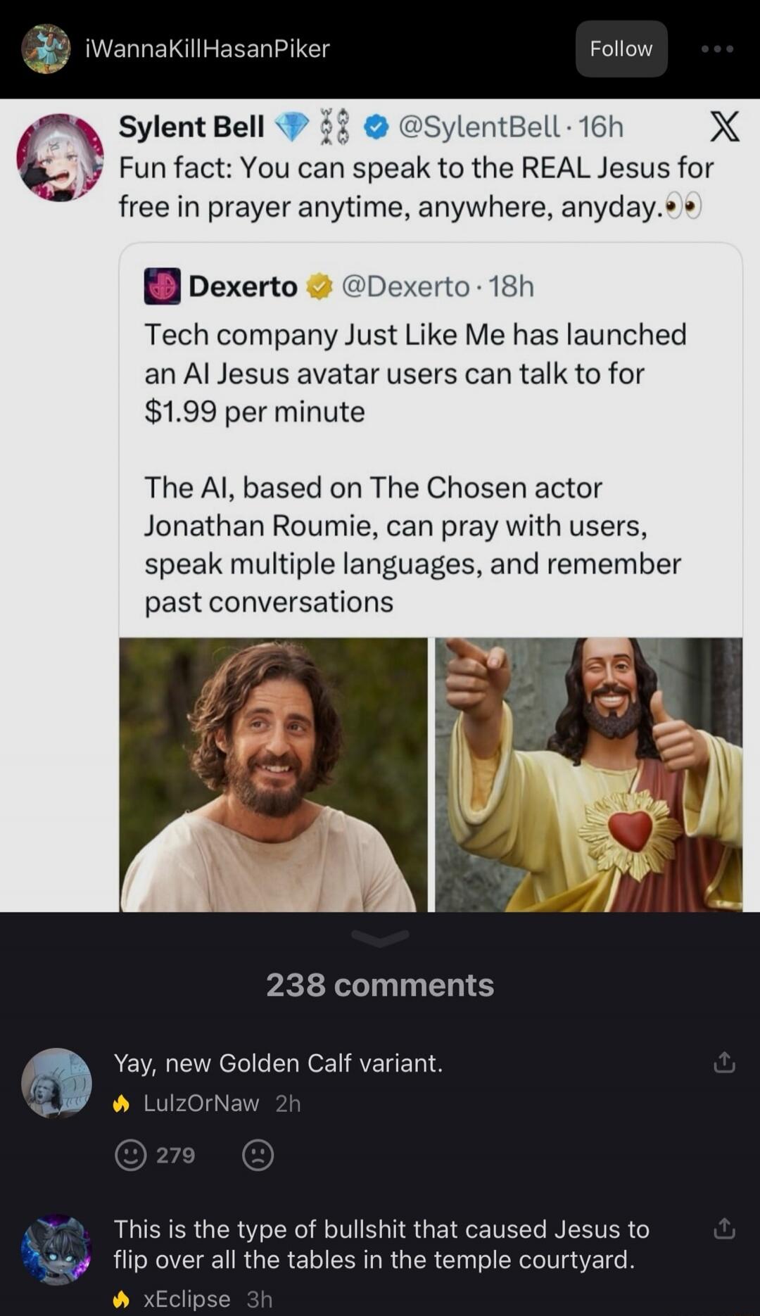 Syllent Bell posted: 'Fun fact: You can speak to the REAL Jesus for free in prayer anytime, anywhere, anyday.' Dexerto reported: 'Tech company Just Like Me has launched an AI Jesus avatar users can talk to for $1.99 per minute. The AI, based on The Chosen actor Jonathan Roumie, can pray with users, speak multiple languages, and remember past conver