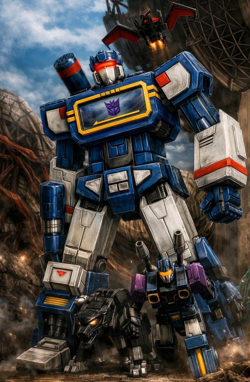 The image shows Soundwave, a character from Transformers, standing with his cassette minions, Laserbeak and Ravage. Soundwave is a large blue and grey robot with a yellow chest panel displaying the Decepticon insignia. Laserbeak, a black bird-like robot with red wings, is flying above Soundwave. Ravage, a black panther-like robot, is standing at So
