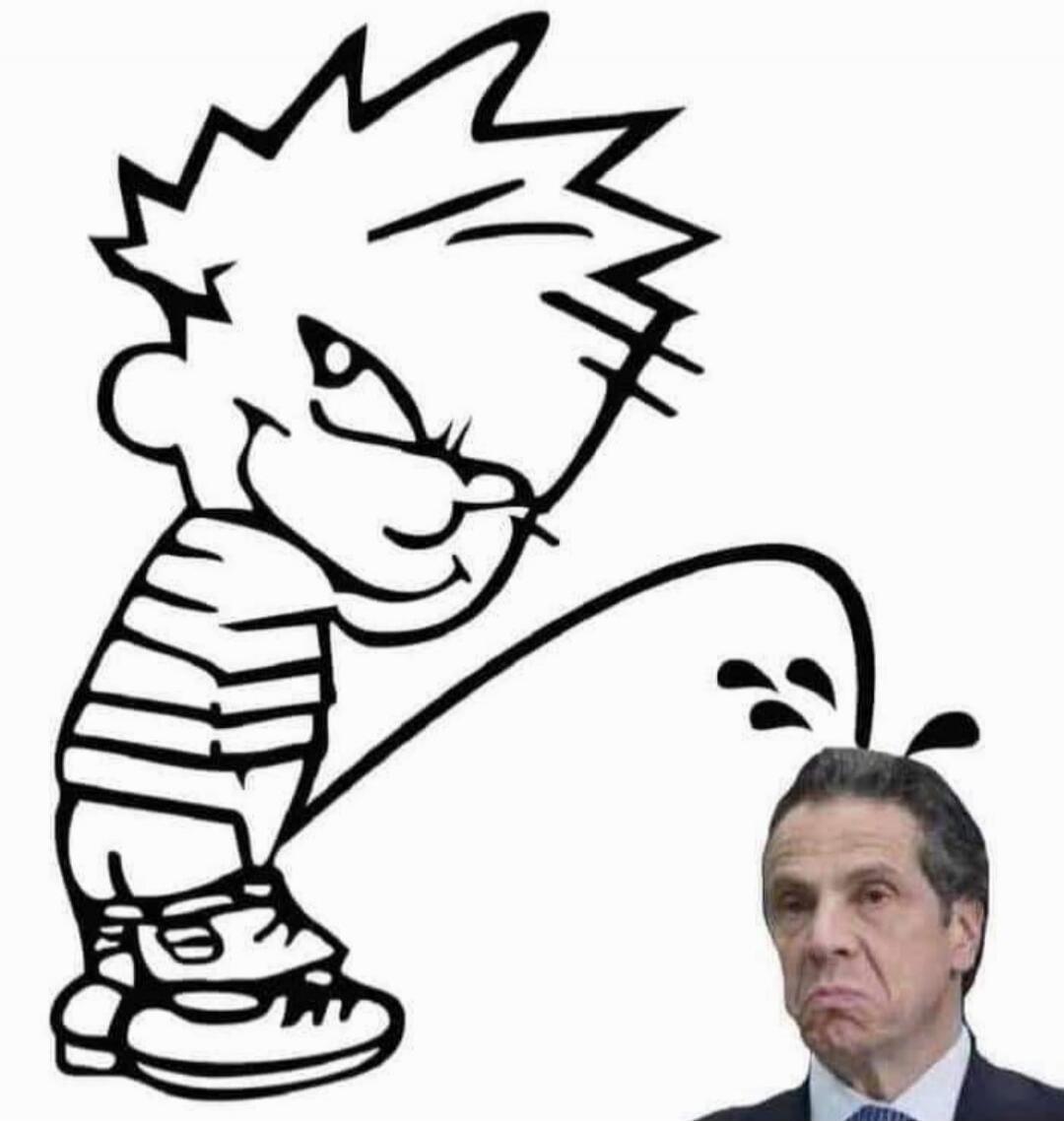 Cartoon of a boy urinating on a man's head.