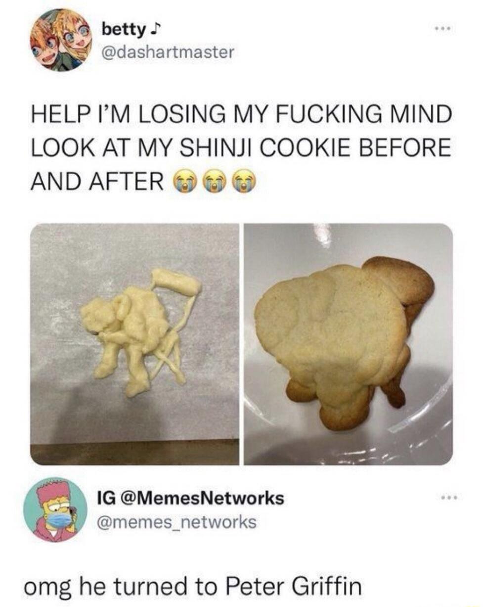 HELP I’M LOSING MY FUCKING MIND LOOK AT MY SHINJI COOKIE BEFORE AND AFTER 😭😭😭
OMG he turned to Peter Griffin