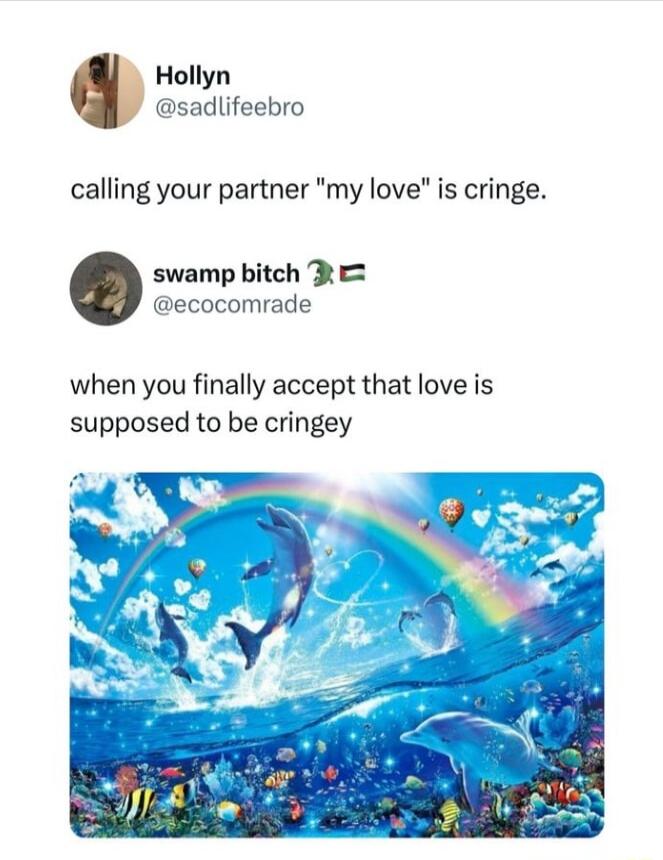 Hollyn sadlifeebro calling your partner my love is cringe swamp bitch R ecocomrade when you finally accept that love is supposed to be cringey