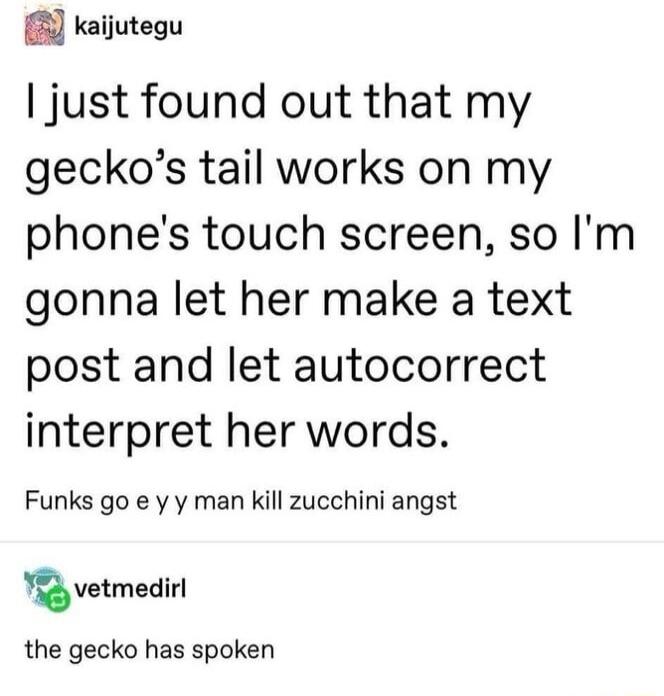 2 kaijutegu just found out that my geckos tail works on my phones touch screen so Im gonna let her make a text post and let autocorrect interpret her words Funks go e yy man kill zucchini angst 5 vetmedirl the gecko has spoken