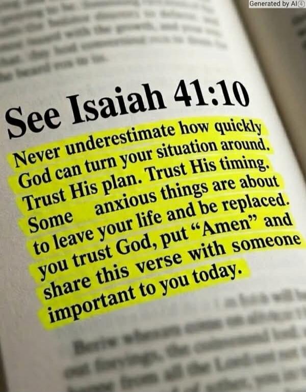 See Isaiah 41:10. Never underestimate how quickly God can turn your situation around. Trust His plan. Trust His timing. Some anxious things are about to leave your life and be replaced. If you trust God, put “Amen” and share this verse with someone important to you today.