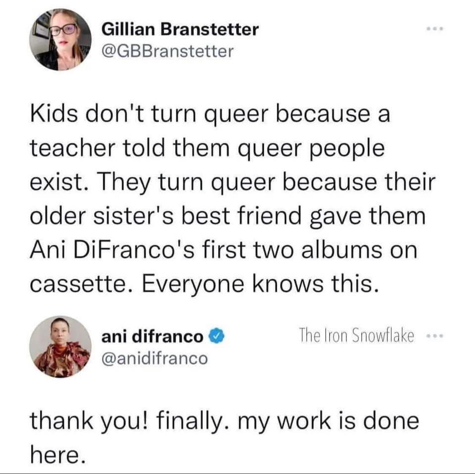 Gillian Branstetter GBBranstetter Kids dont turn queer because a teacher told them queer people exist They turn queer because their older sisters best friend gave them Ani DiFrancos first two albums on cassette Everyone knows this ani difranco The Iron Snowflak anidifranco thank you finally my work is done here